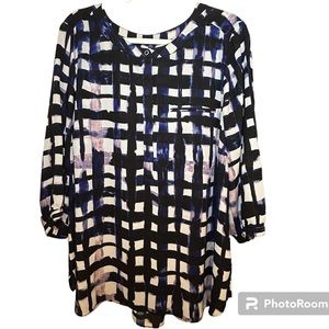 NYDJ Blue & White Painted Checks Blouse with 3/4 Sleeves Size 1X